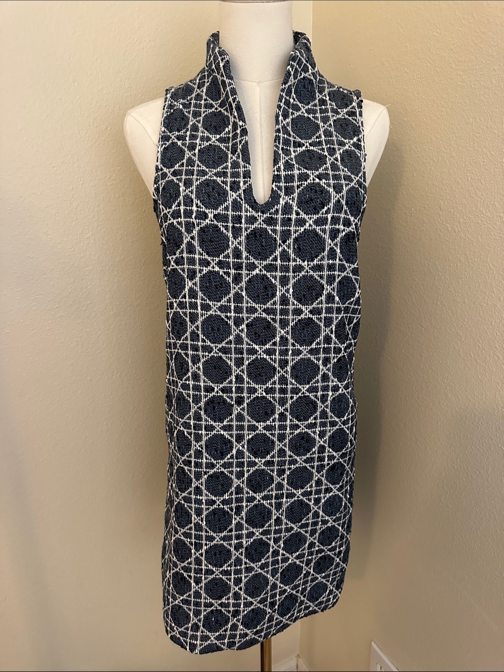 Sleeveless Navy and White Geometric Swim Cover Dress